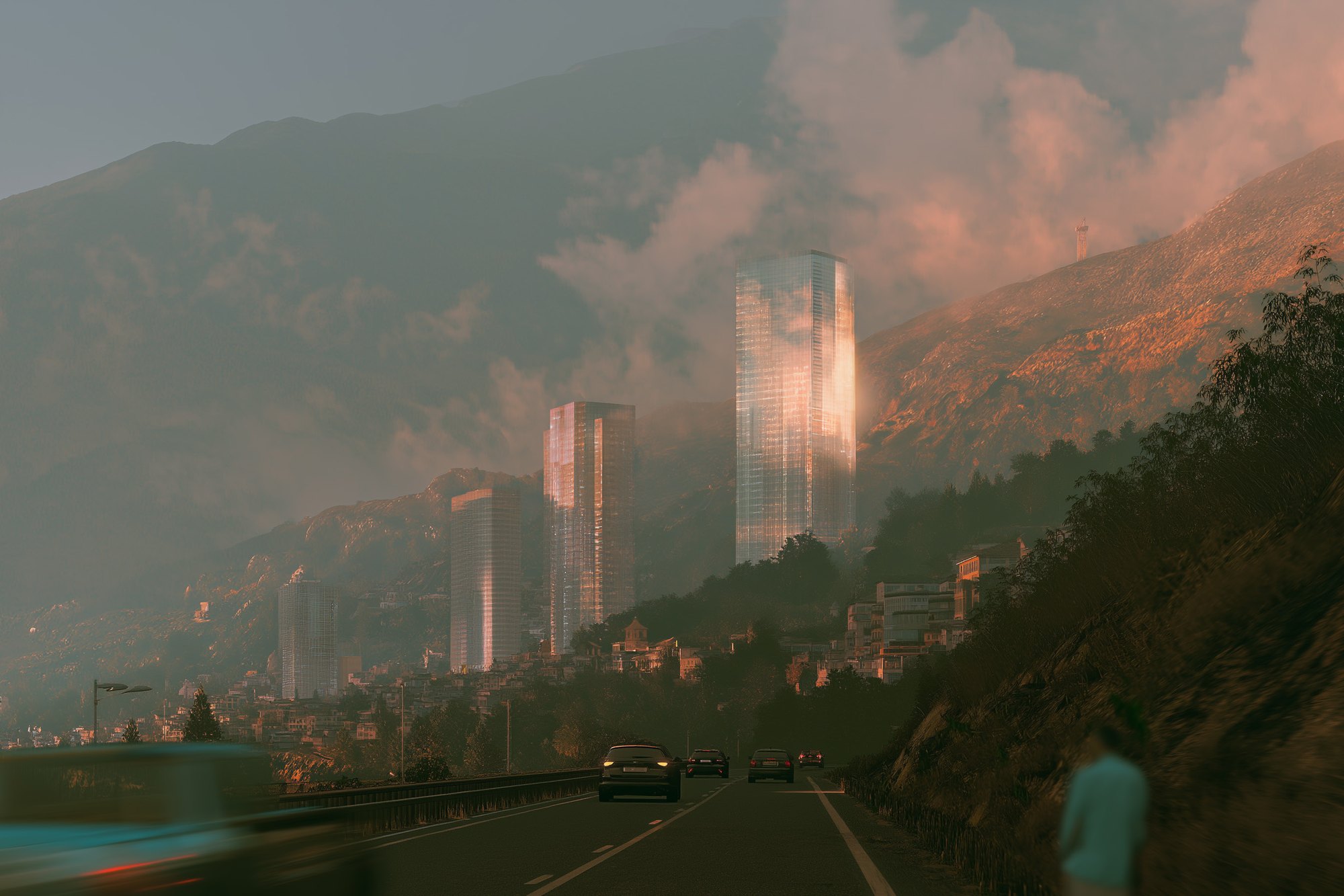 Design at the Speed of Thought — an AI-generated architectural cityscape at dusk