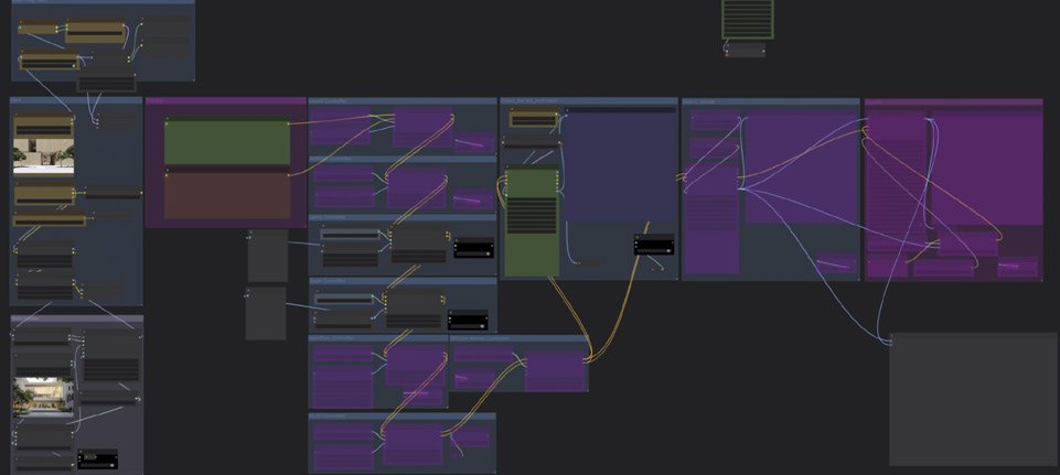 A ComfyUI node graph used to generate façade design iterations.