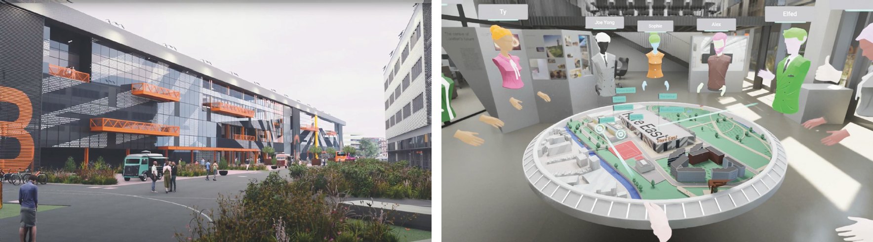 Two views of a digital twin: an exterior visualisation of a campus, and an interactive virtual model table with multiple participants.