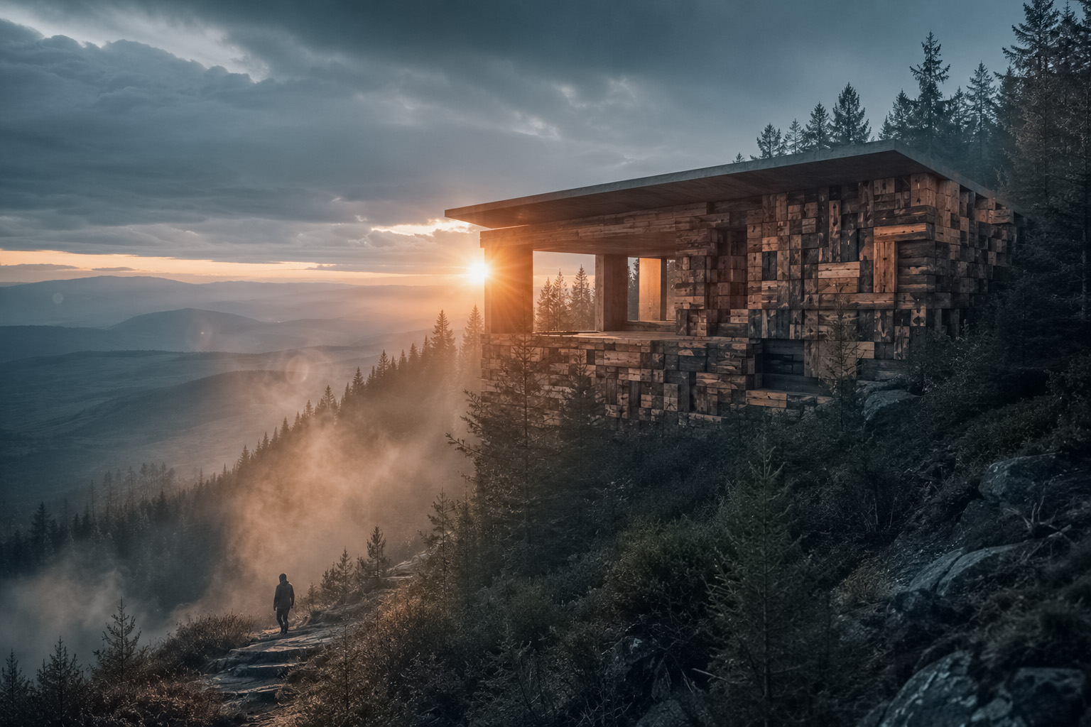 A timber structure embedded in a forested mountainside at sunset