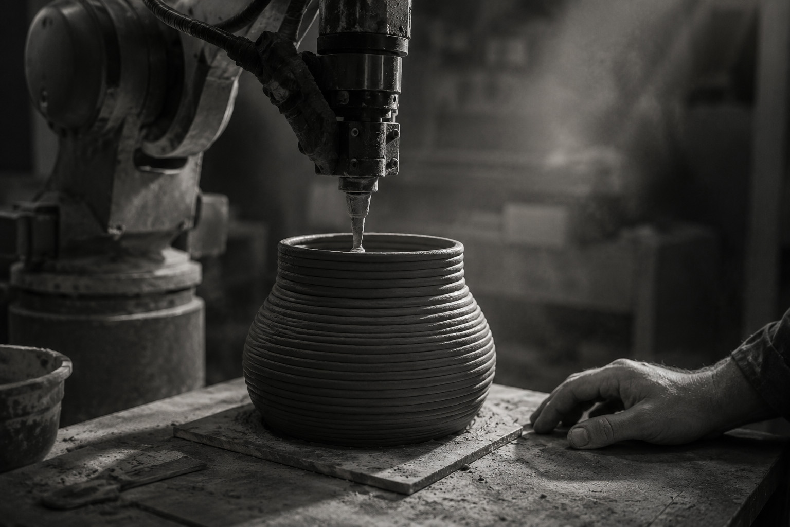 A robotic arm extruding a layered clay vessel beside a maker’s hand.