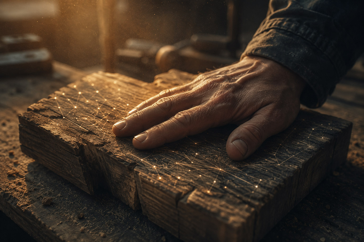 A human hand resting on rough timber overlaid with a subtle network of glowing points and lines.